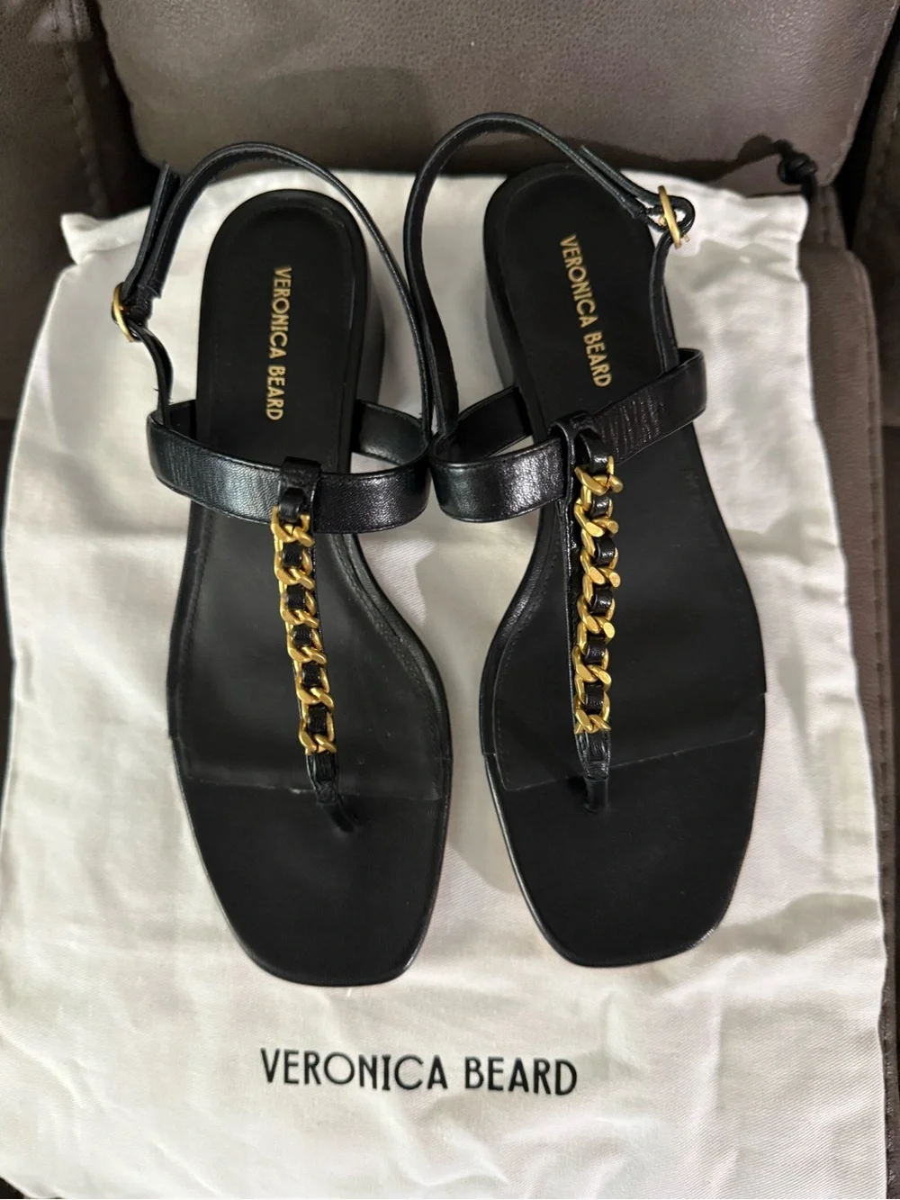 Veronica Beard Black Leather T-Strap Sandals with Gold Chain - Picture 3 of 7